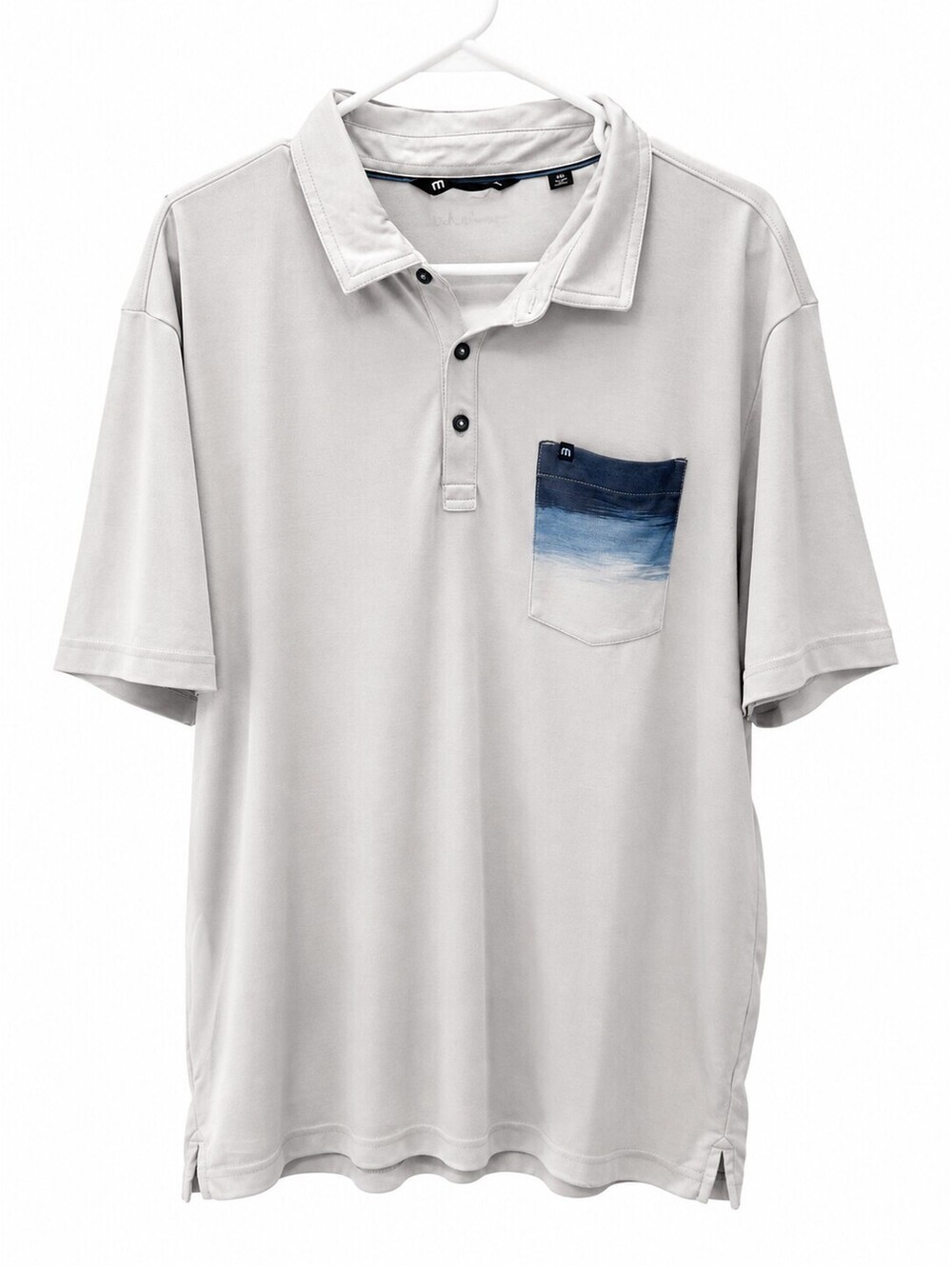 TravisMathew Men's XXL Light Gray Polo Shirt with Gradient Blue Pocket